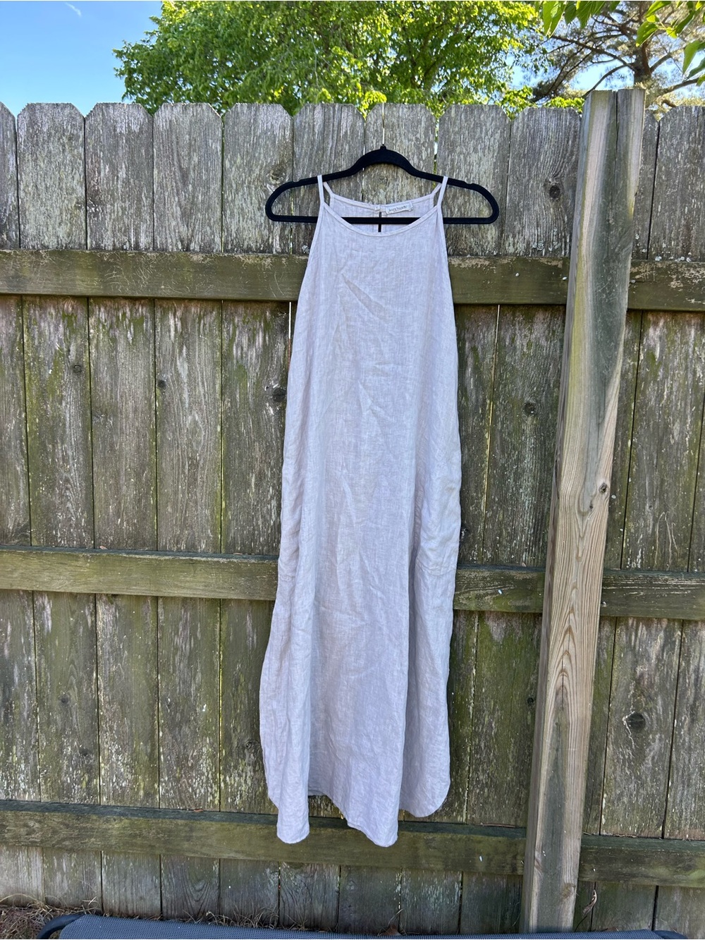 laura bianchi gray linen  dress sleeveless scoop neck pockets size small